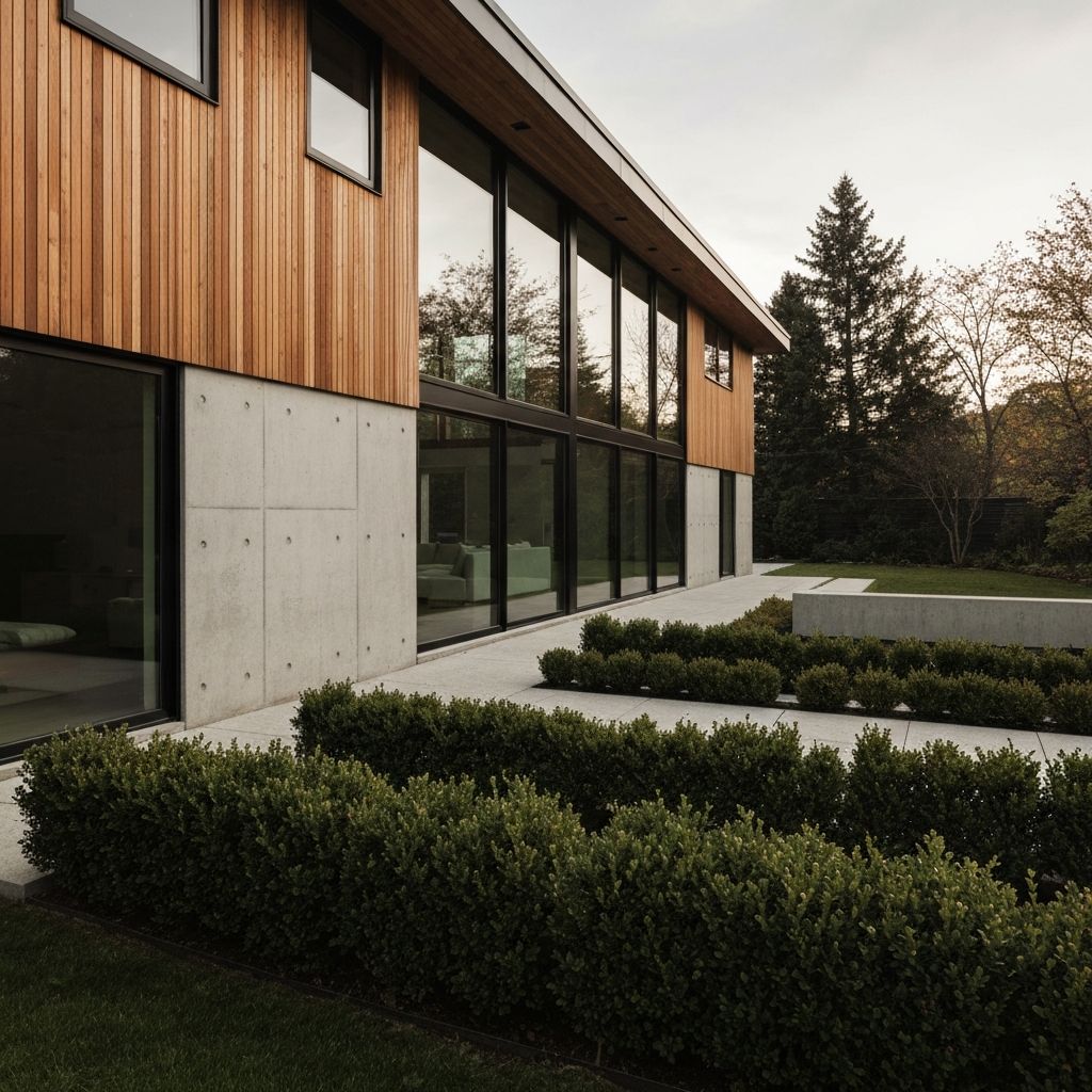 Façade d'une maison moderne québécoise au coucher du soleil